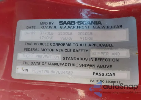 1989 Saab 900 z USA, uszkodzony, nr VIN YS3AT75L8K7024587